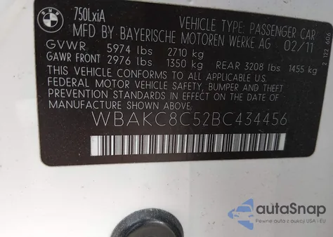 2011 BMW 750Li xDrive from USA, damaged, VIN WBAKC8C52BC434456